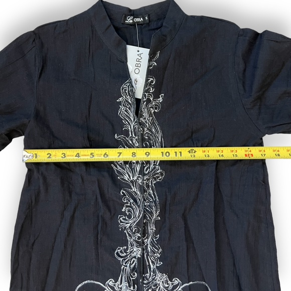Women’s Black Tunic with White Embroidery Short Sleeve Open Front Size Small - Picture 6 of 7